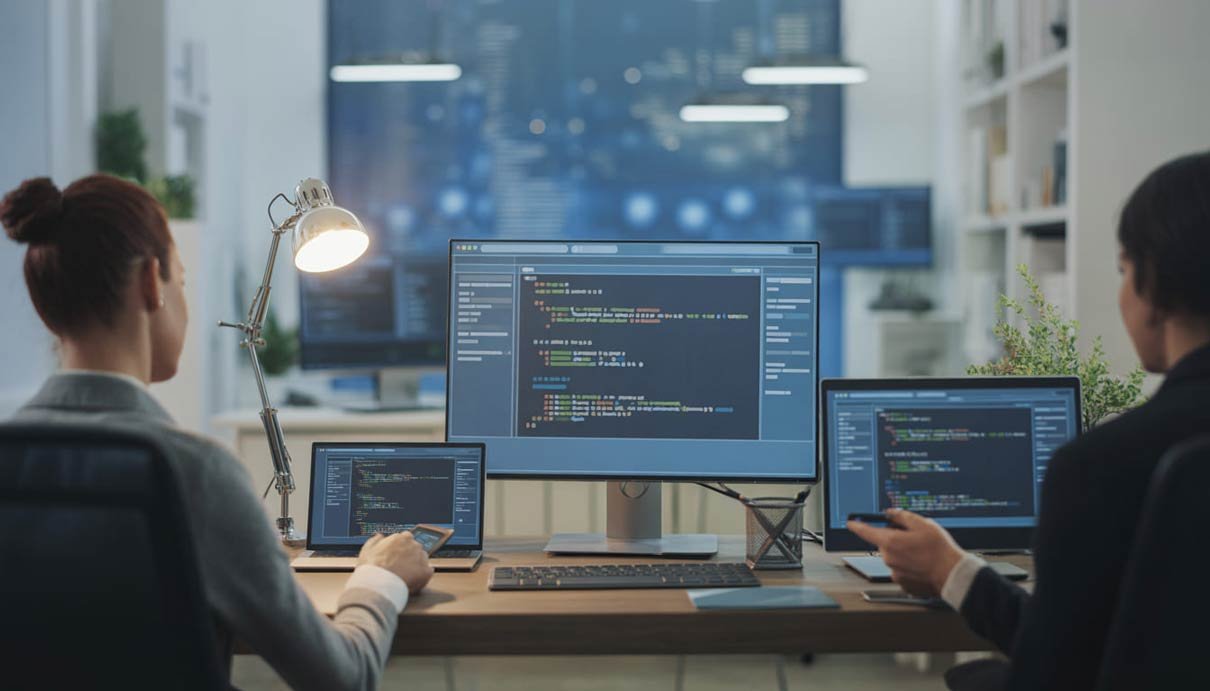 فريق عمل يتابع تطوير وبرمجة واجهات المواقع على شاشات متعددة داخل مقر شركة برمجة مواقع احترافية.
