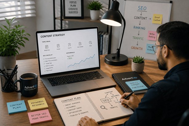 زيادة زيارات موقعك عبر تطوير المحتوى وتحسين السيو مع ادفرت اب Advert Up