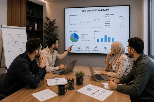 شركة خدمات سيو تناقش استراتيجية تحسين الظهور في اجتماع عمل مع ادفرت اب Advert Up